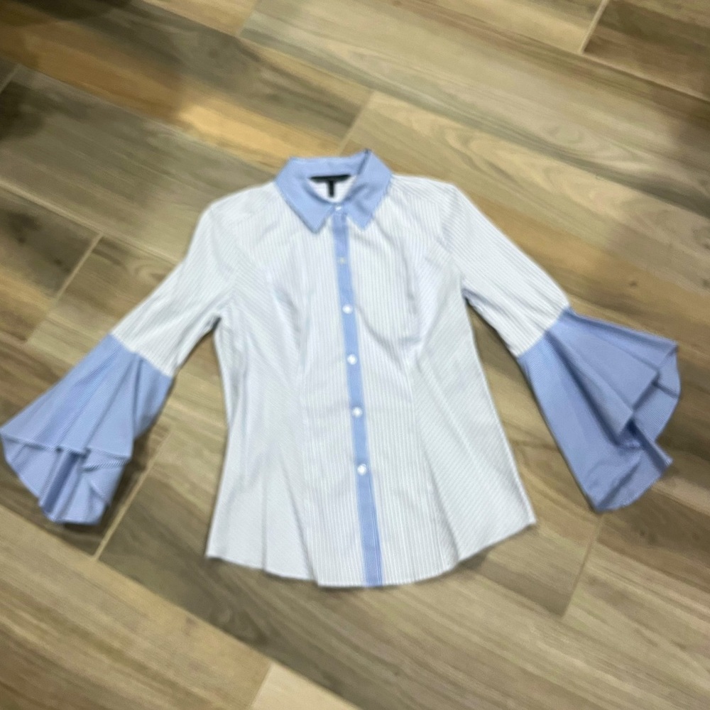 White House Black Market - Blue and White Striped Blouse, Size 8